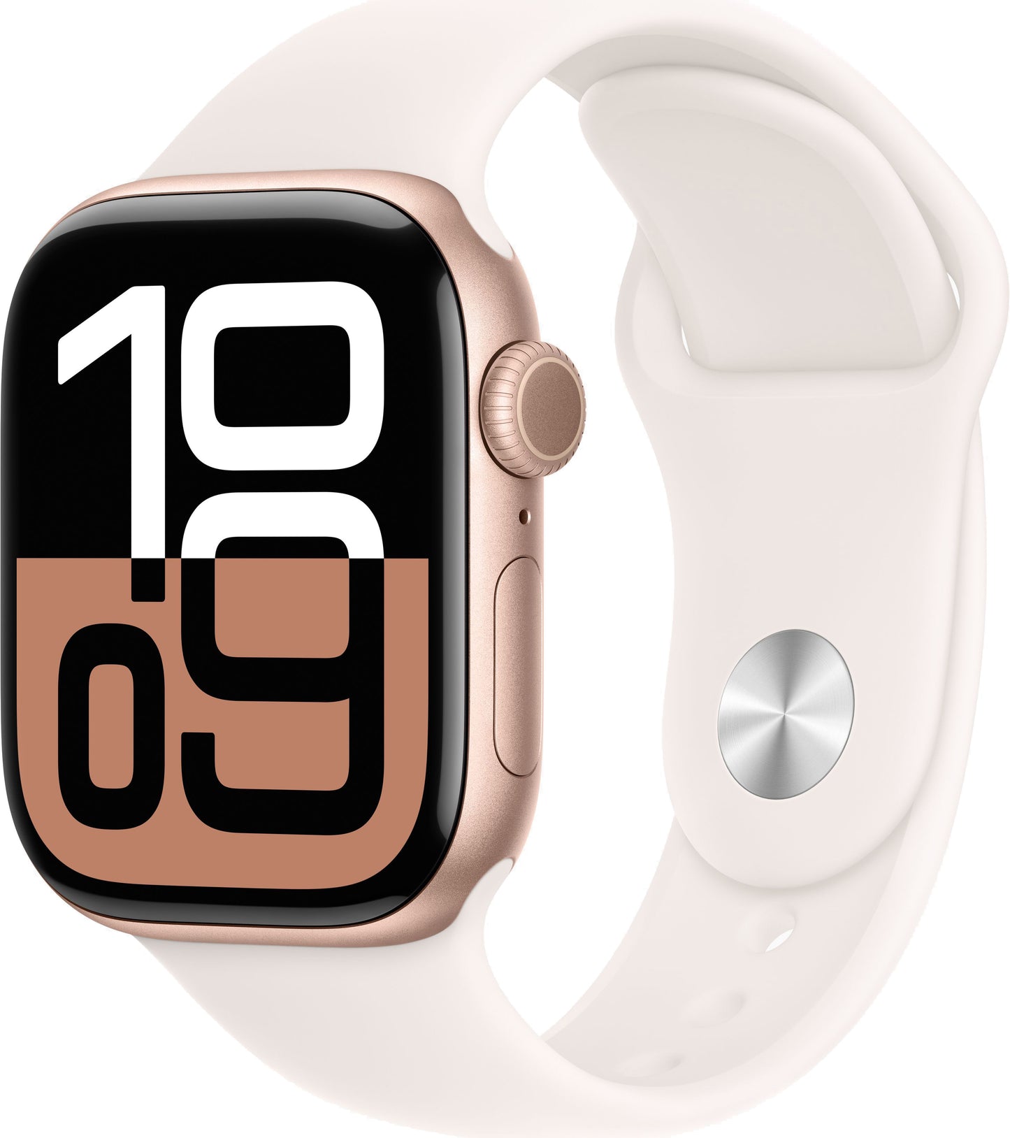 ساعة Apple Watch Series 10 مقاس 46 مم بهيكل من الألومنيوم باللون الذهبي الوردي مع لون رياضي فاتح (صغير/متوسط)