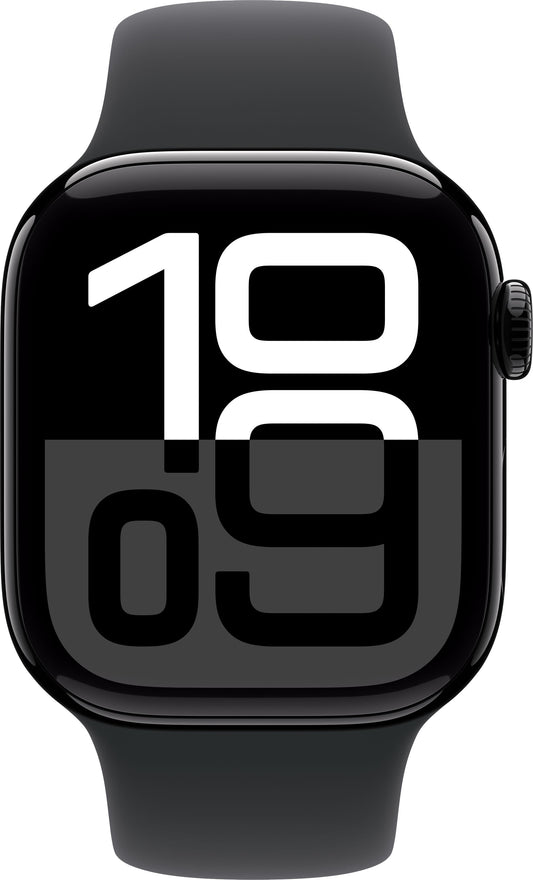 ساعة Apple Watch Series 10 مقاس 46 مم بهيكل من الألومنيوم باللون الأسود مع حزام رياضي باللون الأسود (صغير/متوسط)